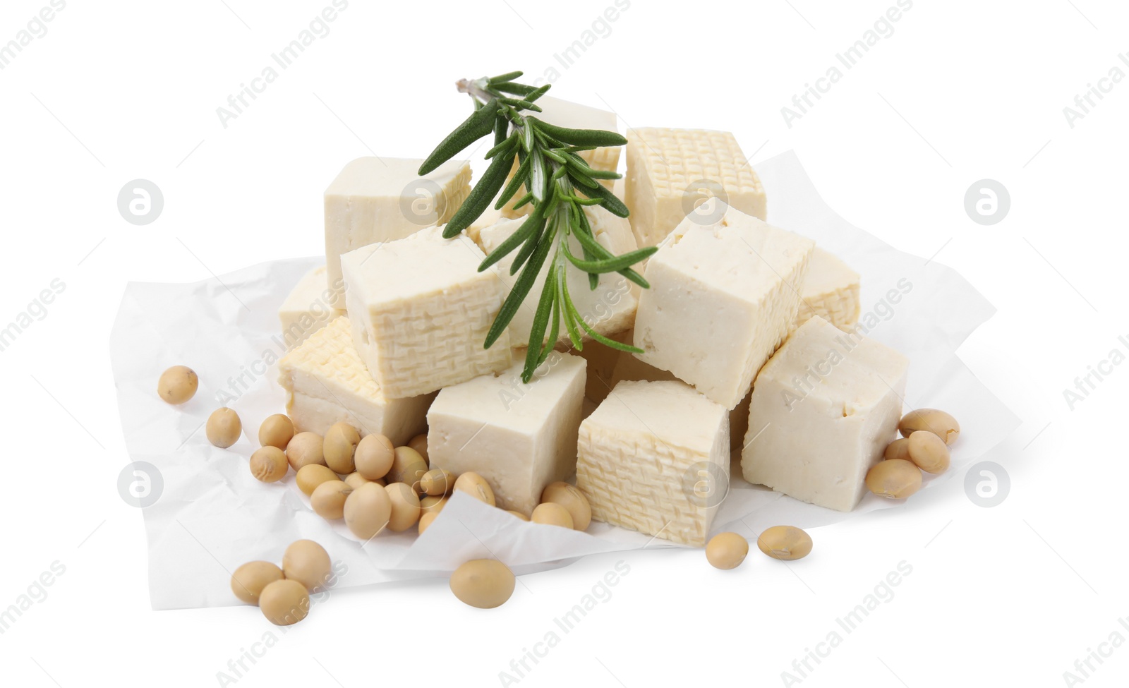 Photo of Delicious tofu cheese, rosemary and soybeans isolated on white