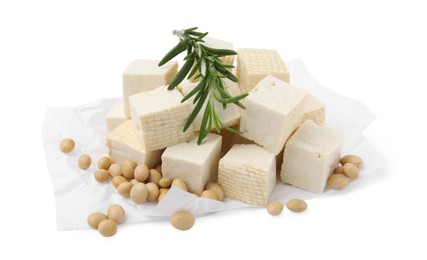 Delicious tofu cheese, rosemary and soybeans isolated on white