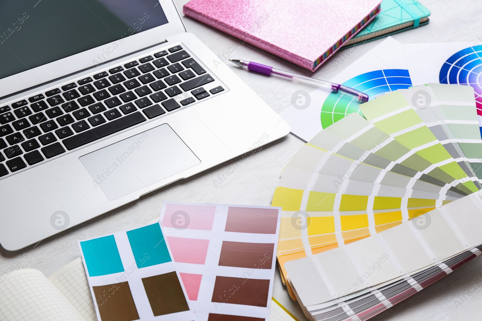 Photo of Palette samples and laptop on white table