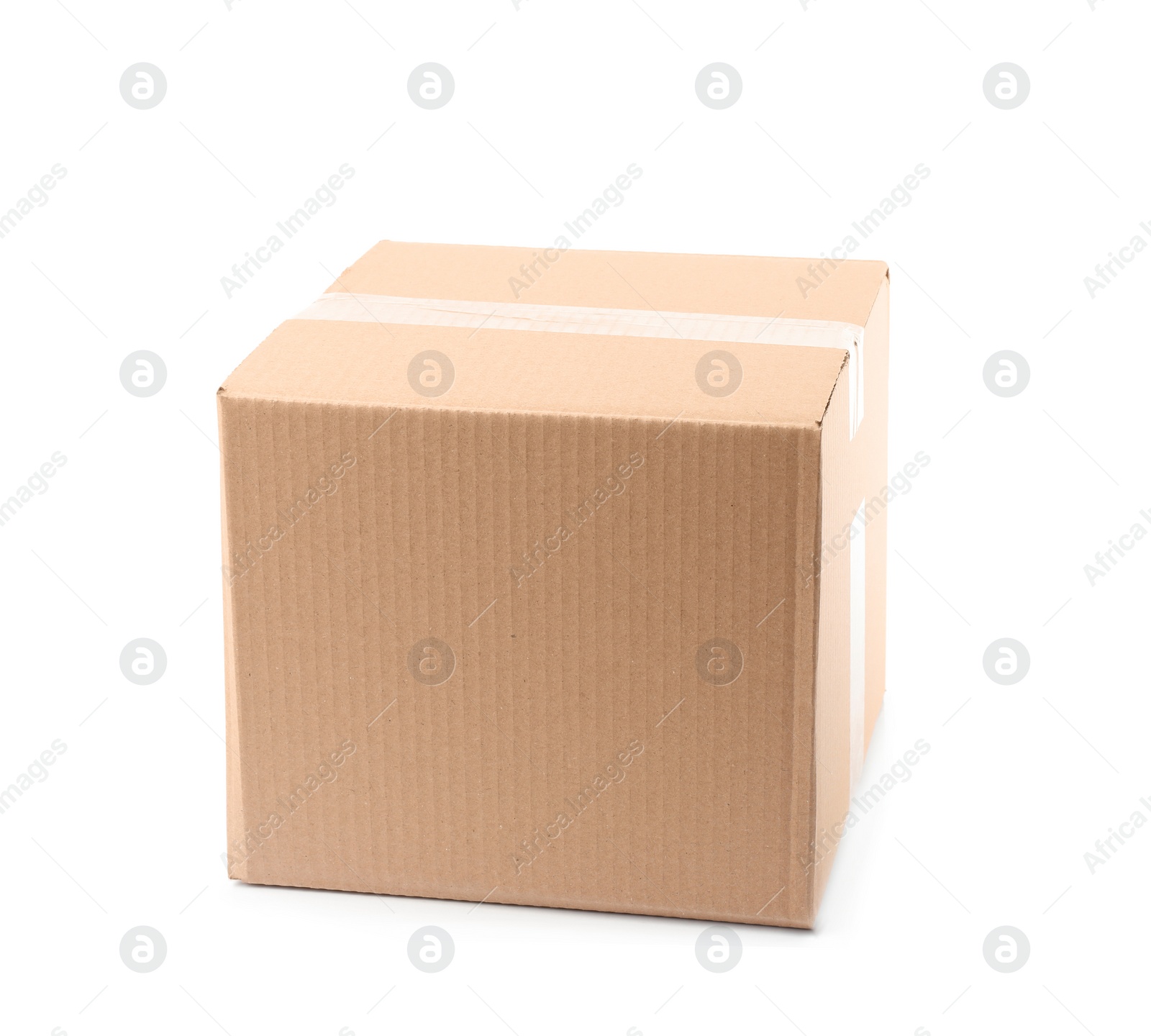 Photo of Closed cardboard box on white background. Mockup for design