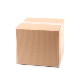 Photo of Closed cardboard box on white background. Mockup for design