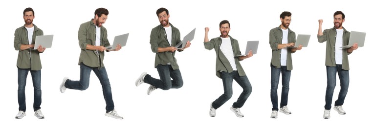 Image of Collage with photos of man holding modern laptops on white background. Banner design