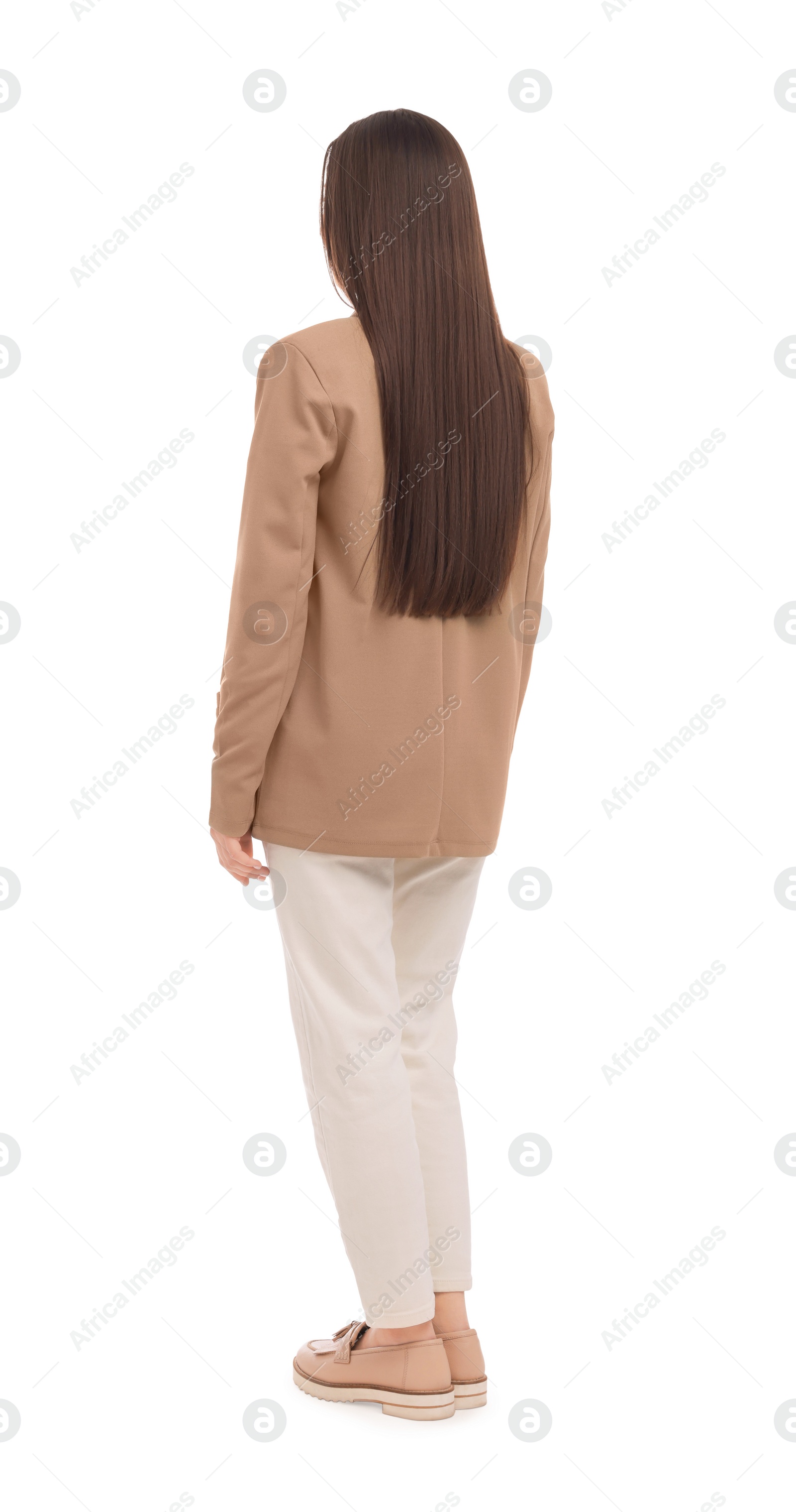 Photo of Businesswoman in suit on white background, back view