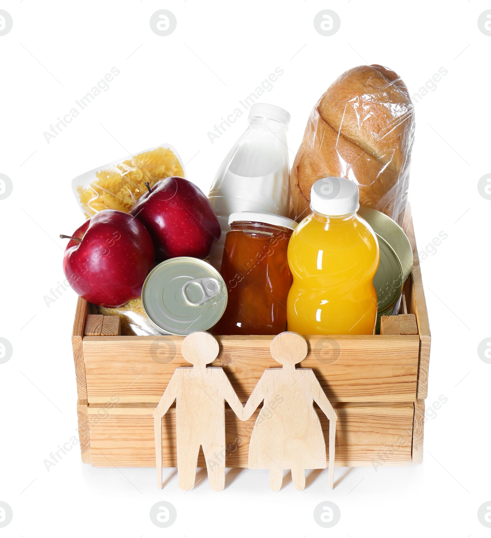 Photo of Humanitarian aid for elderly people. Donation box with food products and figure of senior couple isolated on white