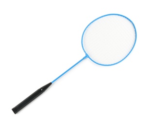 Photo of Racket isolated on white, top view. Badminton equipment