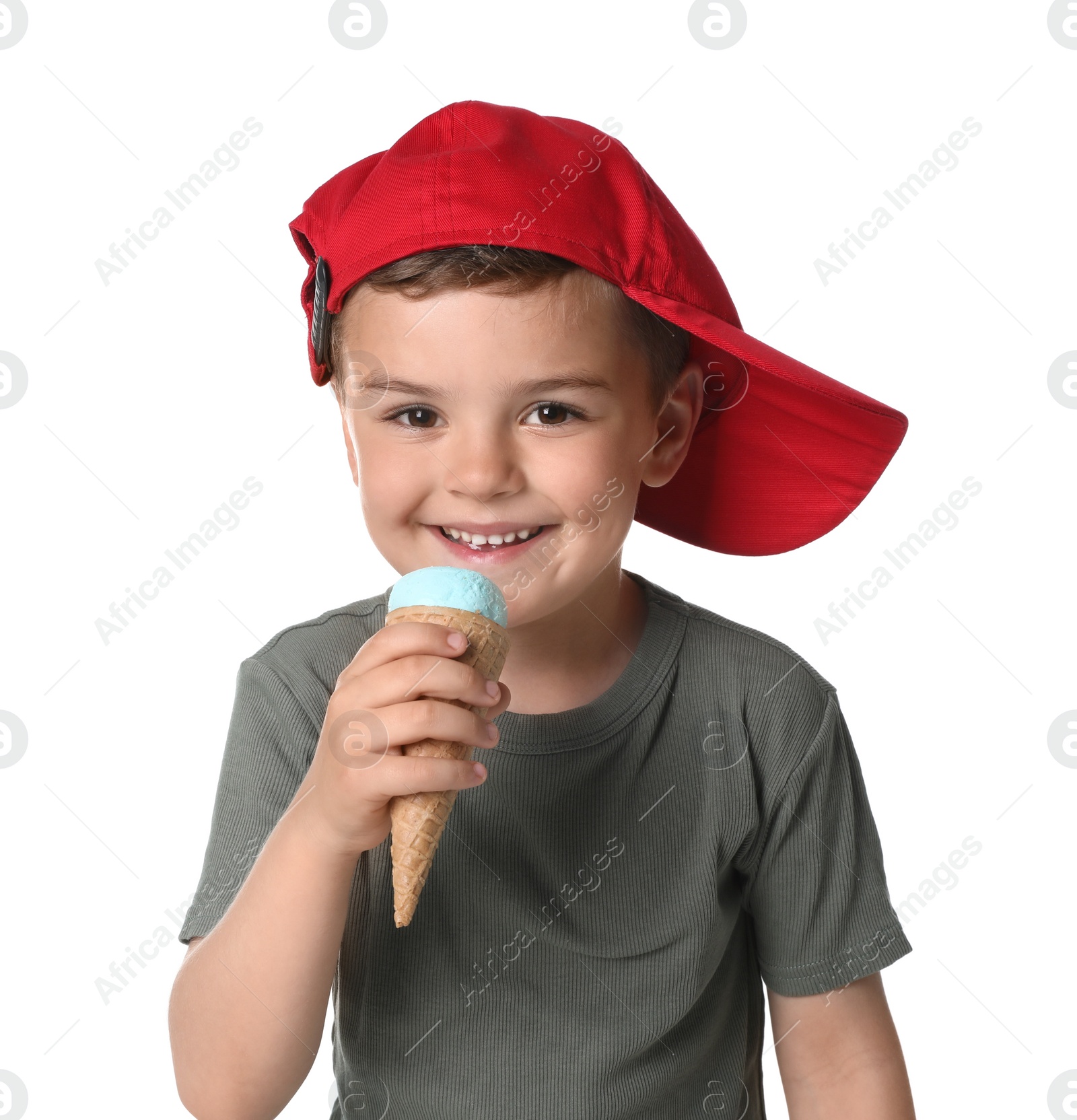 Photo of Adorable little boy with delicious ice cream on white background