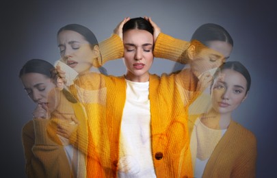 Multiple exposure of woman with cold symptoms on grey background