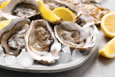 Photo of Fresh oysters with lemon on grey table, closeup