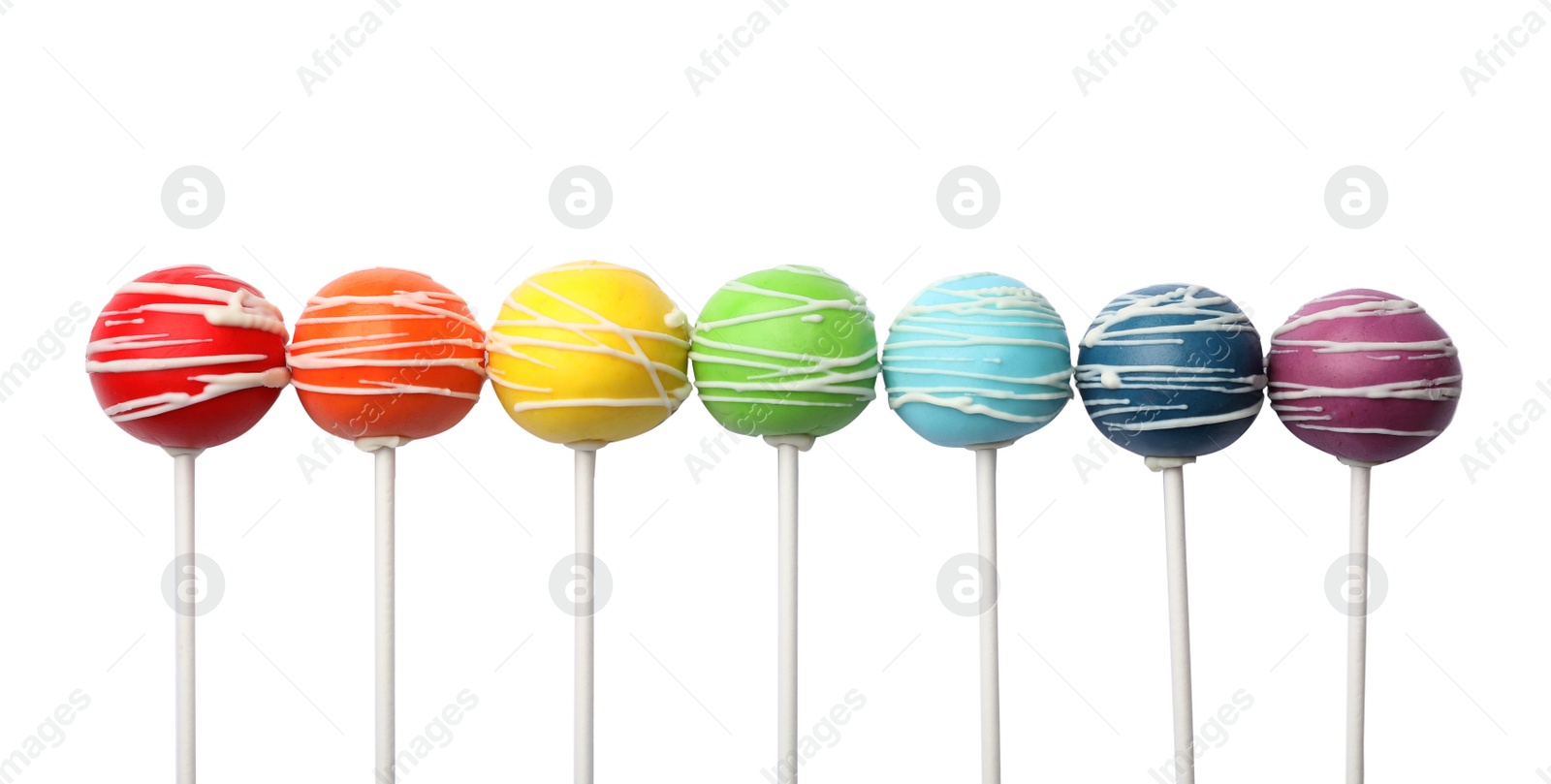 Photo of Delicious colorful cake pops on white background, top view