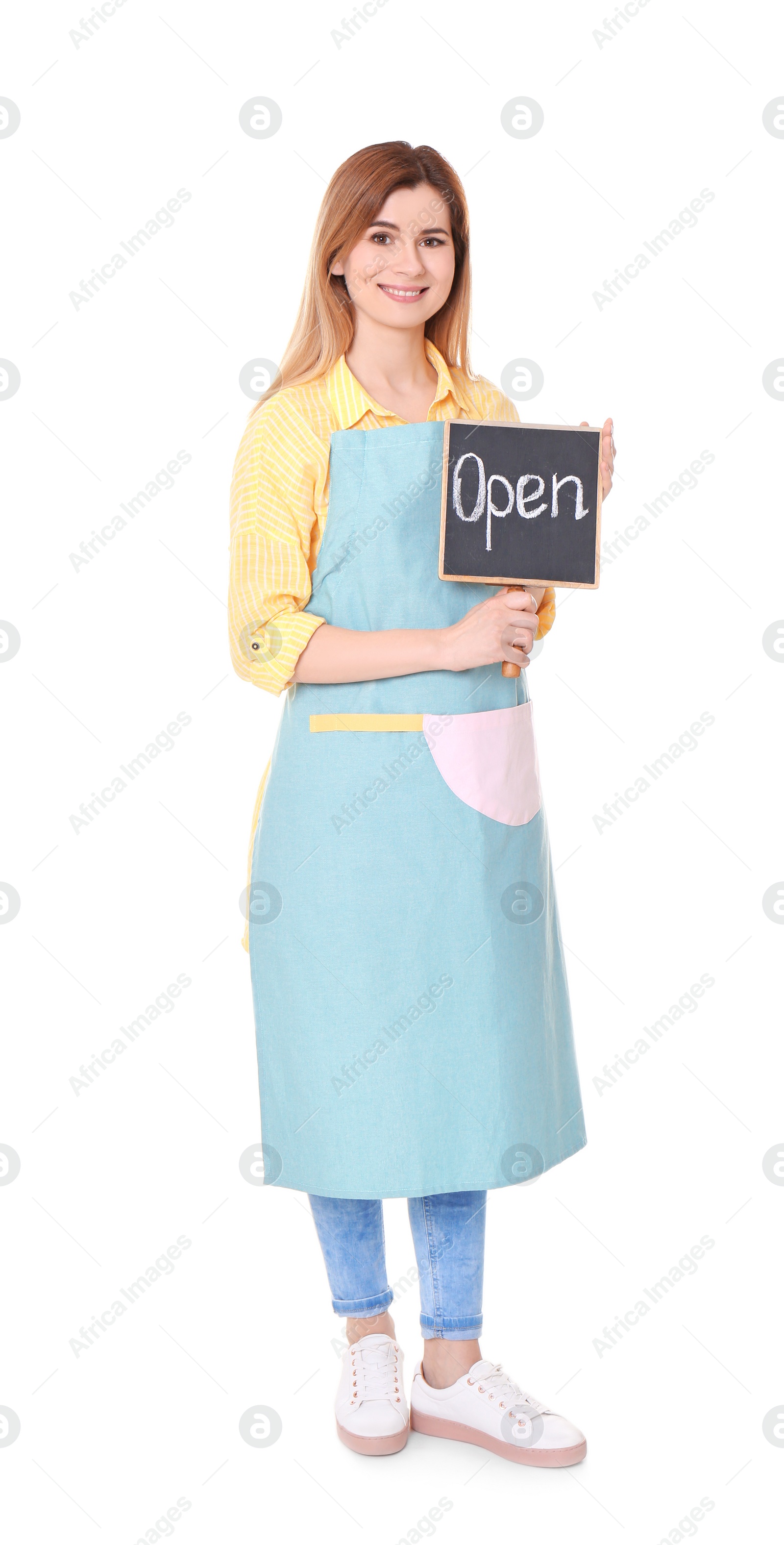 Photo of Female florist holding OPEN sign on white background