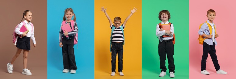 Happy schoolchildren with backpacks on color backgrounds, set of photos