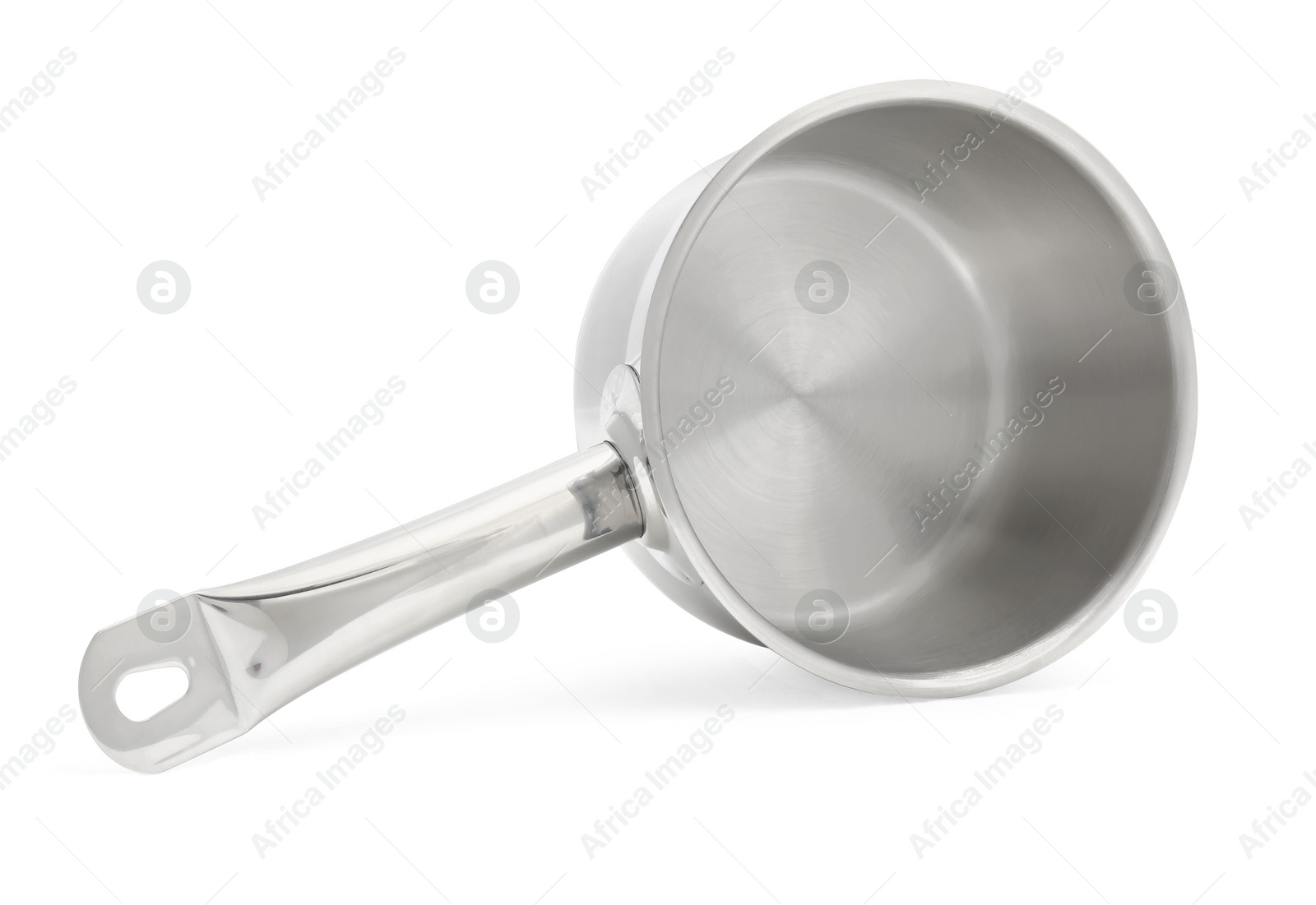 Photo of One empty steel saucepan isolated on white