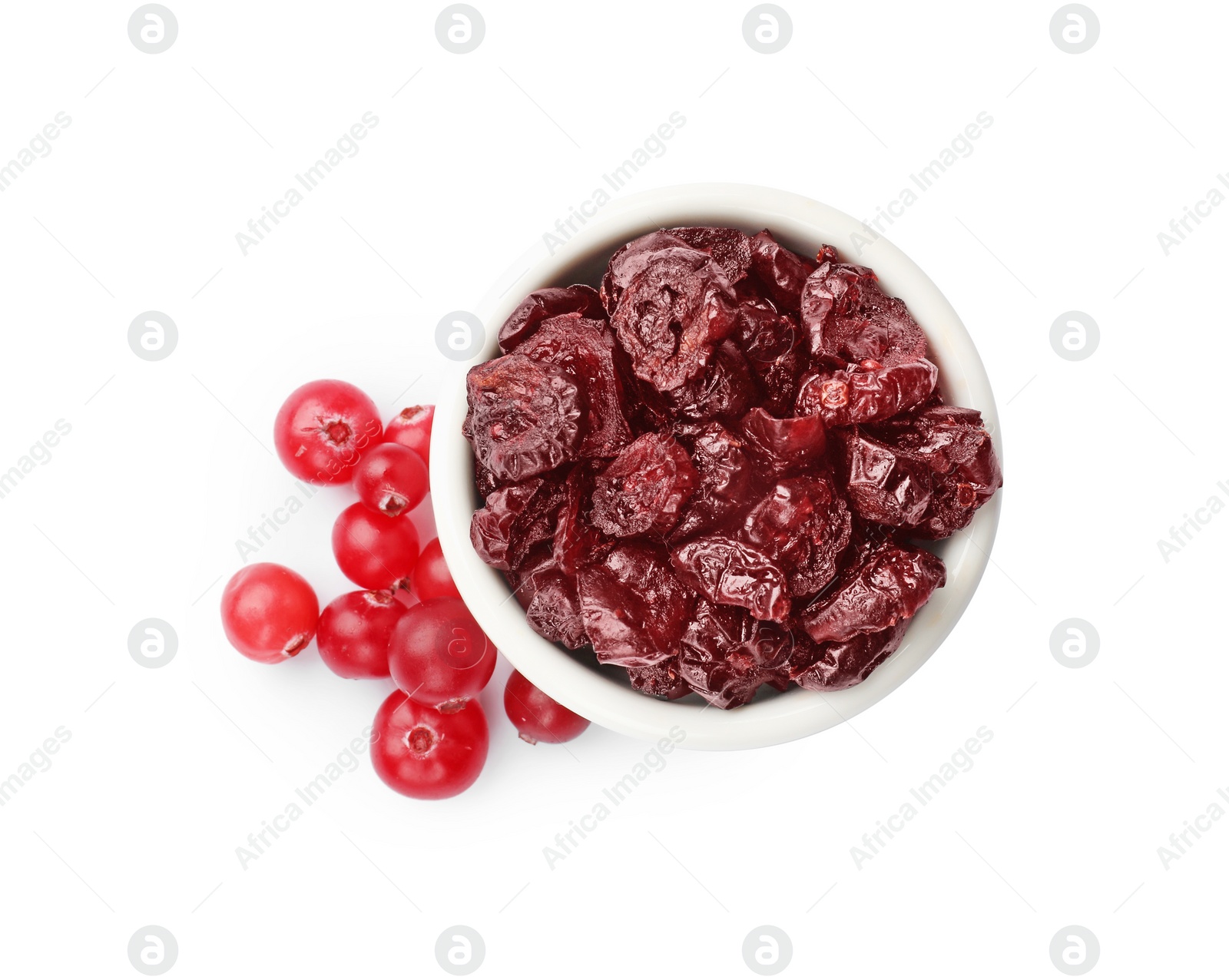 Photo of Dried cranberries in bowl and fresh berries on white background, top view