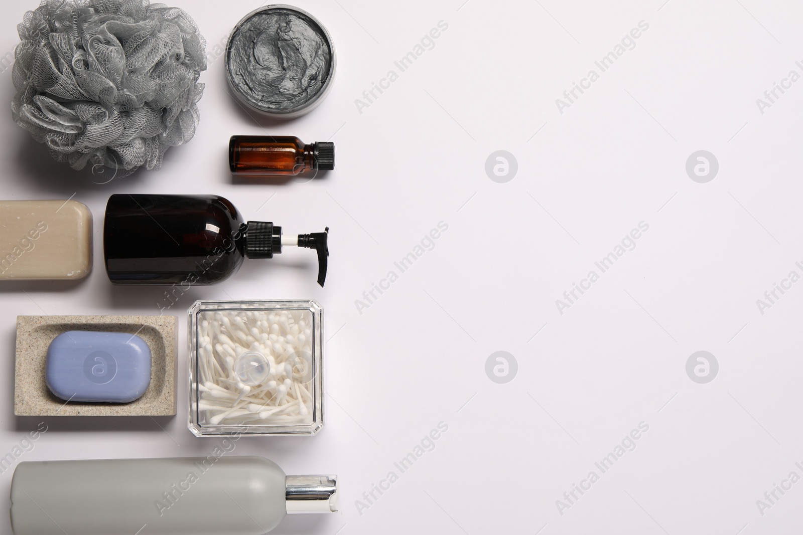 Photo of Bath accessories. Different personal care products on white background, flat lay with space for text