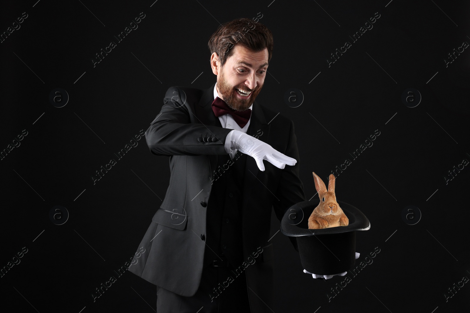 Image of Magician showing trick with top hat and rabbit on black background