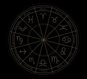 Illustration of zodiac wheel with astrological signs on black background