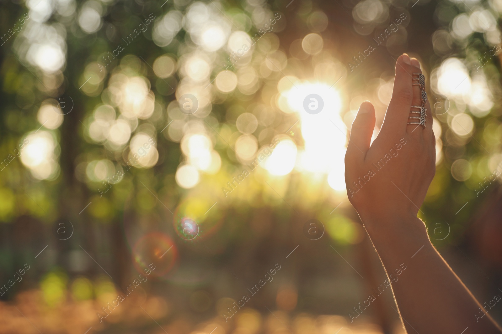 Photo of Young woman enjoying beautiful sunset, closeup view with space for text. Nature healing power