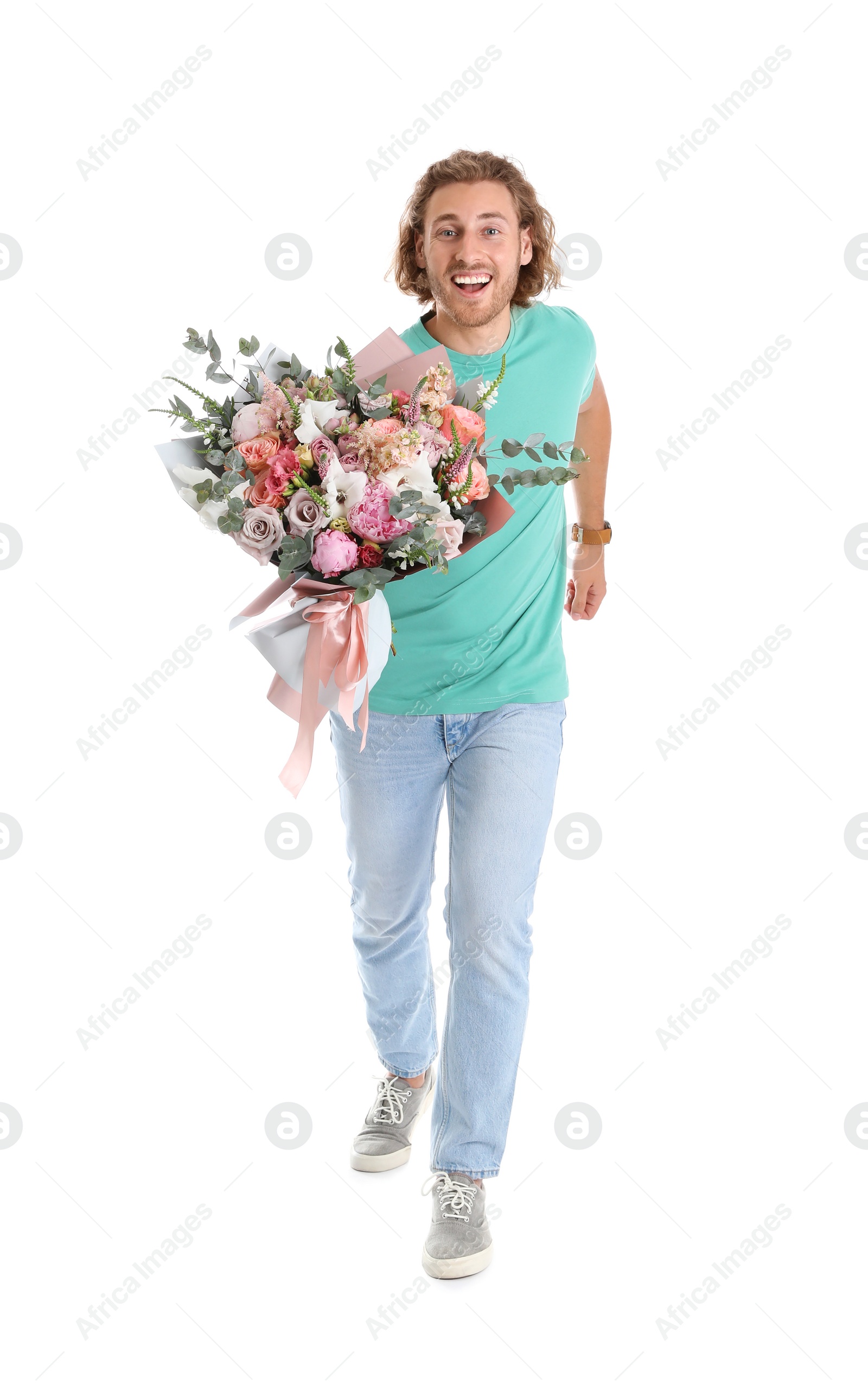 Photo of Young handsome man with beautiful flower bouquet on white background