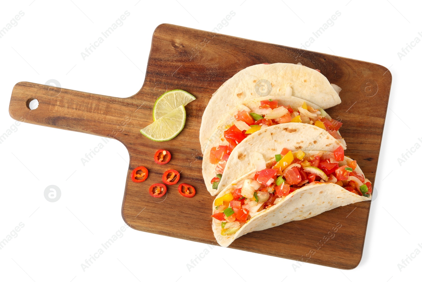 Photo of Delicious tacos with vegetables isolated on white, top view
