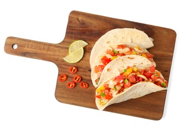 Delicious tacos with vegetables isolated on white, top view