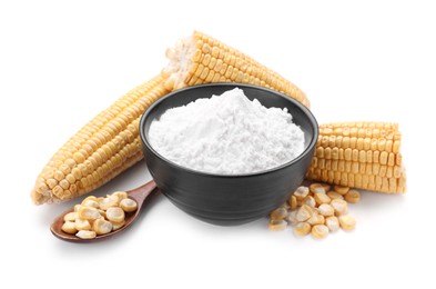 Photo of Bowl with corn starch, ripe cobs and kernels isolated on white