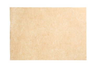 Sheet of brown baking paper on white background, top view