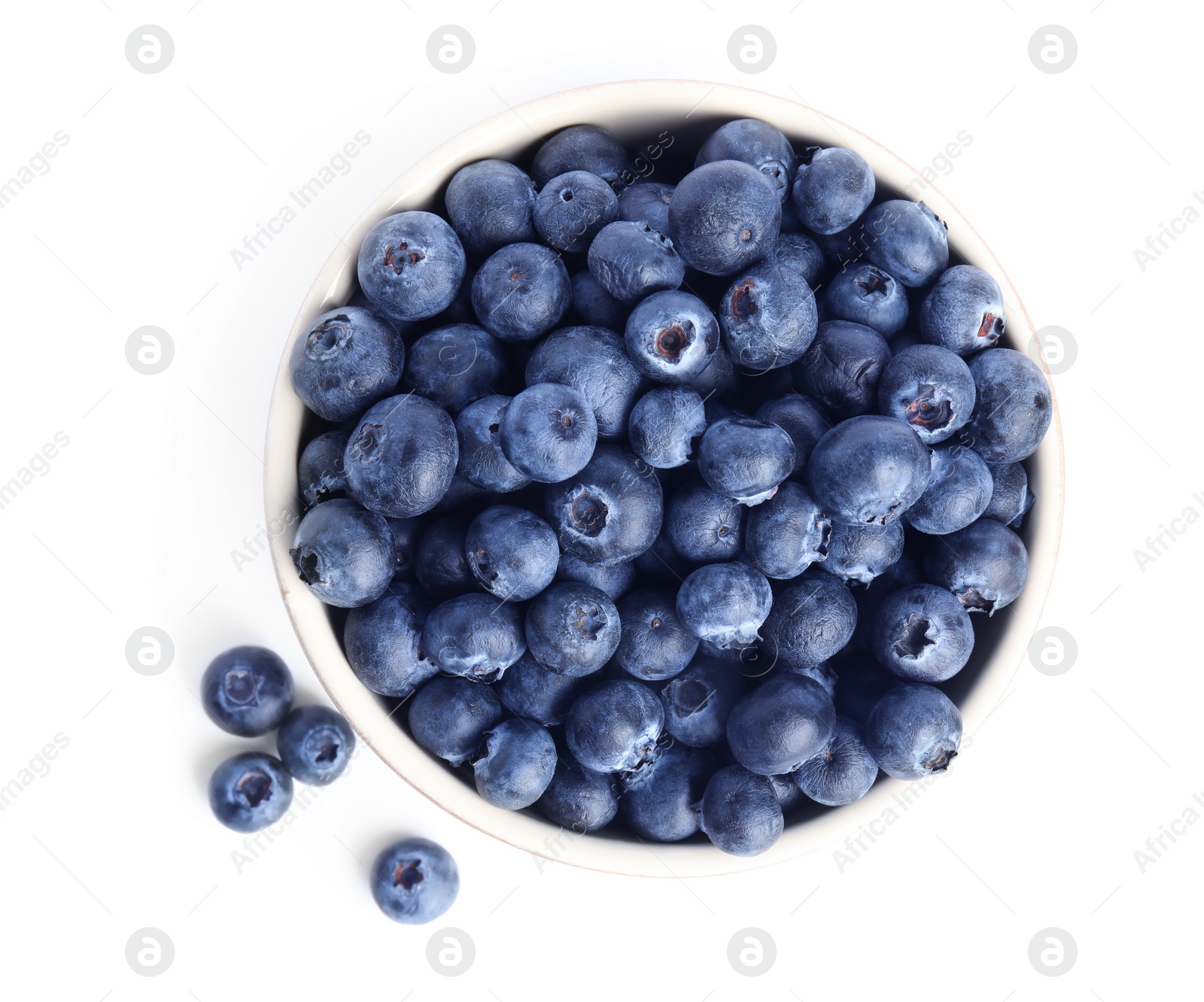 Photo of Fresh tasty blueberry in bowl isolated on white, top view