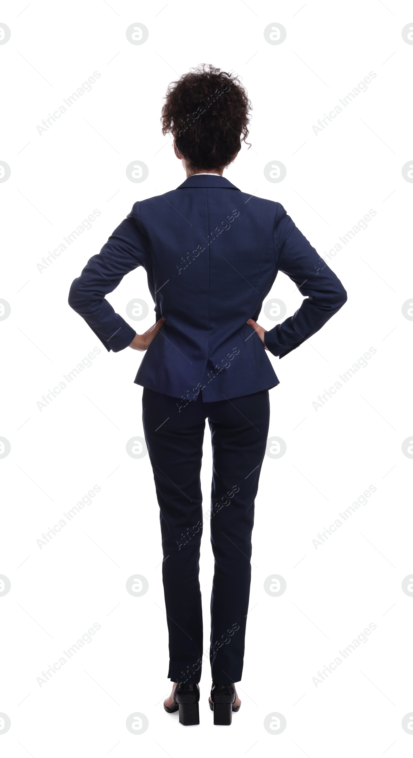 Photo of Businesswoman in suit on white background, back view