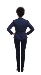 Businesswoman in suit on white background, back view