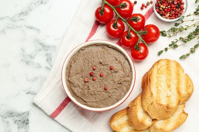 Photo of Flat lay composition with tasty liver pate on white marble table