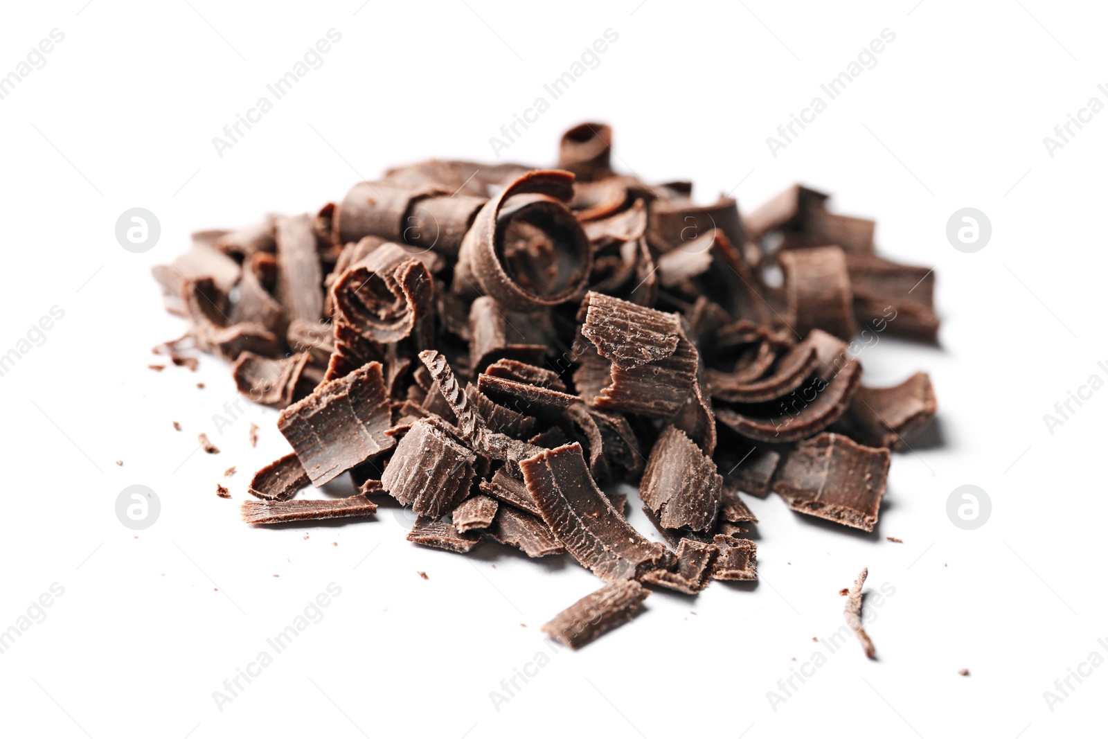 Photo of Curls of tasty chocolate on white background