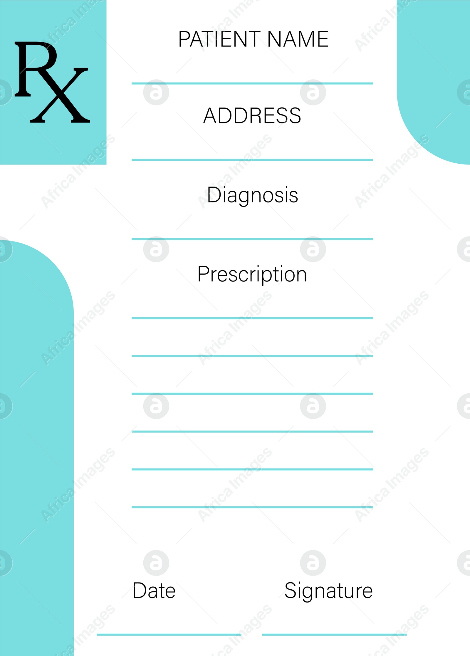 Illustration of Medical prescription form with empty fields (Patient Name and others)