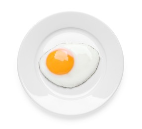 Plate with delicious fried egg isolated on white, top view