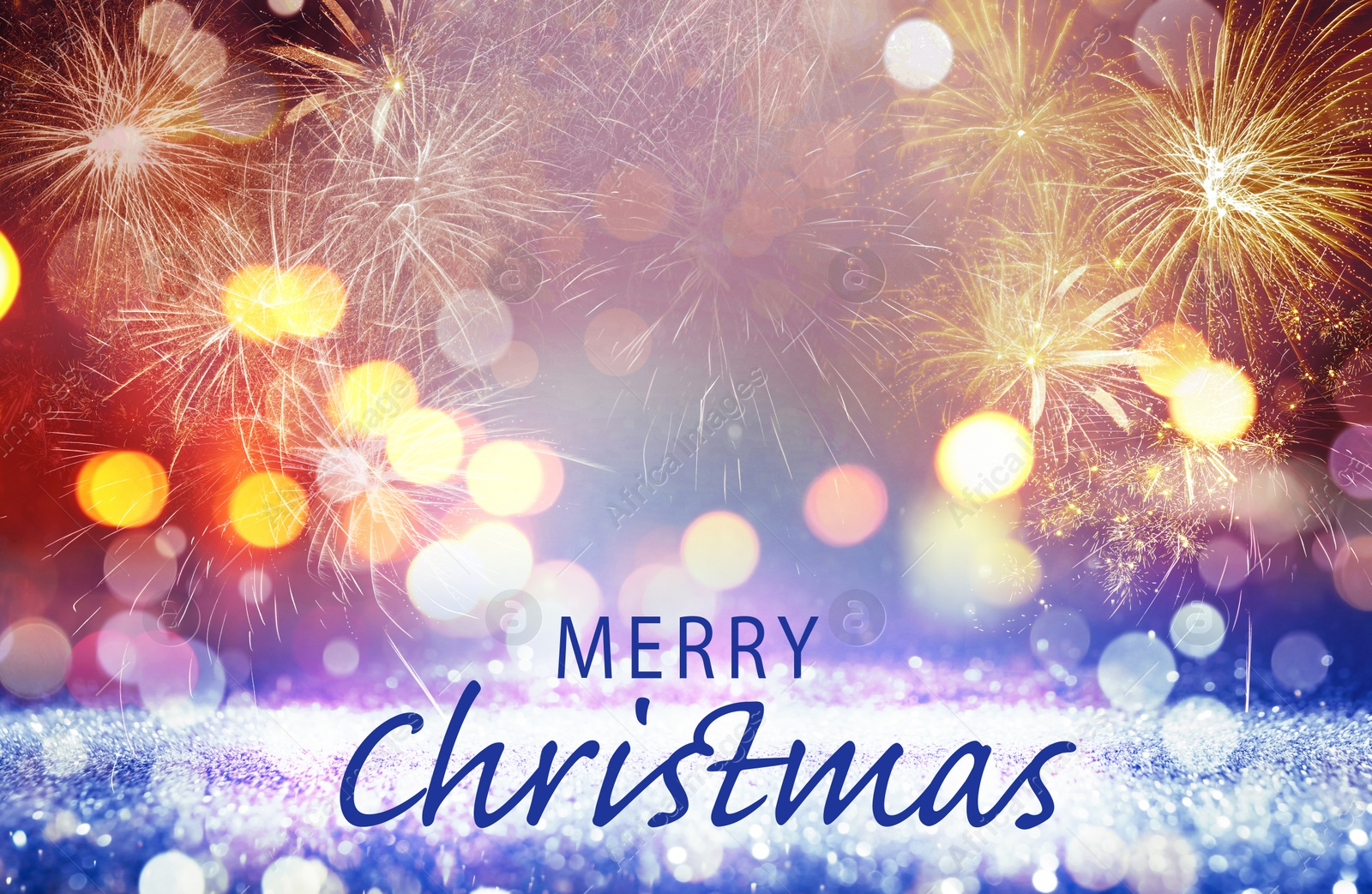 Image of Text Merry Christmas on festive background with fireworks. Bokeh effect