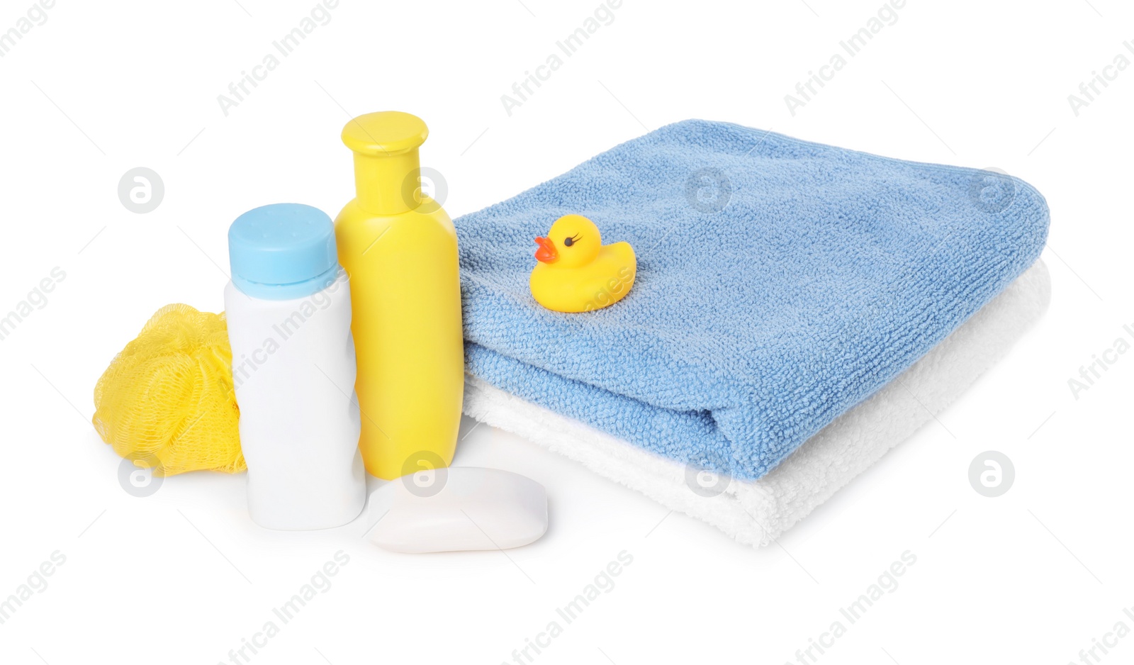 Photo of Baby cosmetic products, bath duck, sponge and towels isolated on white