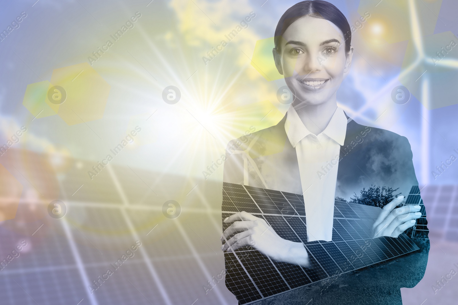 Image of Multiple exposure of businesswoman, wind turbines and solar panels installed outdoors. Alternative energy source