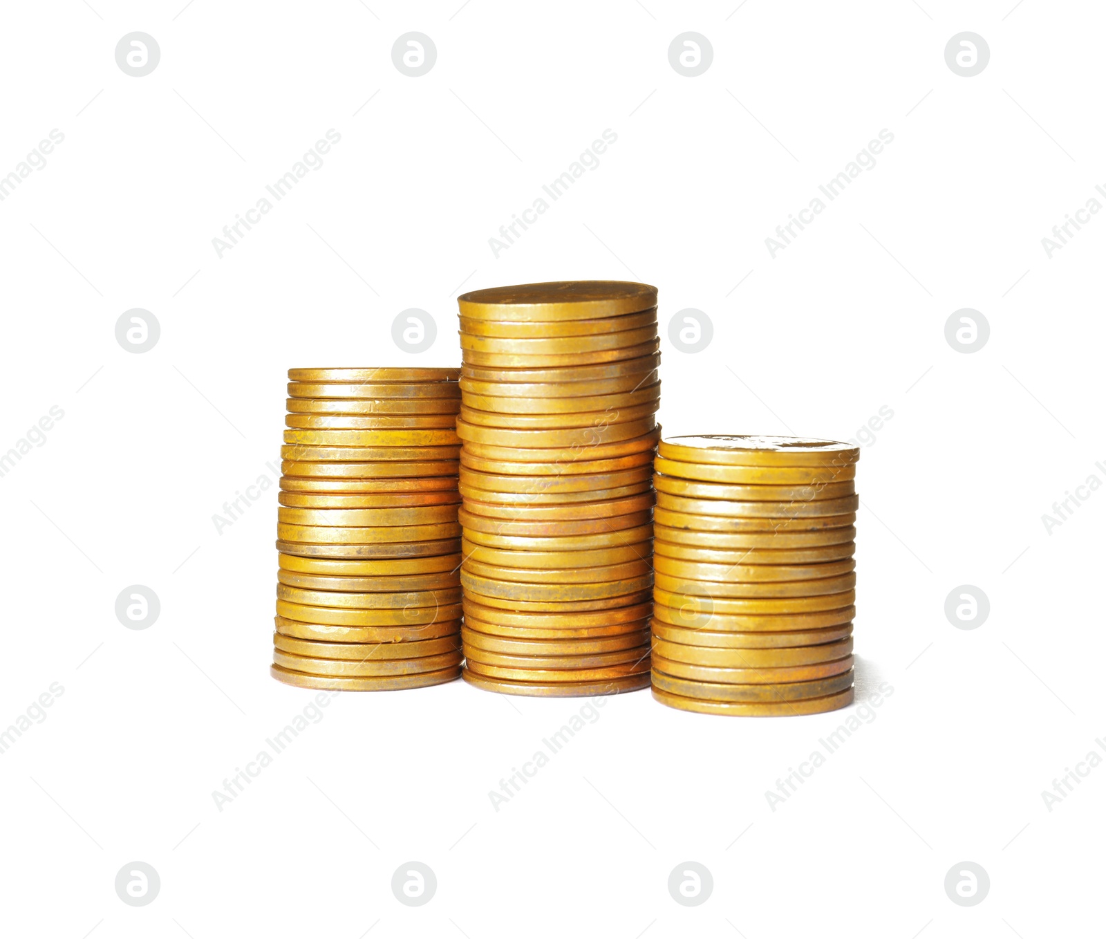 Photo of Stacks of metal coins isolated on white