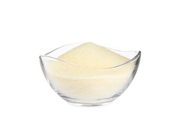 Photo of Gelatin powder in glass bowl isolated on white