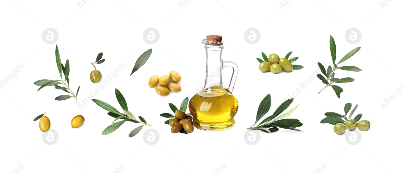 Image of Jug of oil, ripe olives and leaves on white background, collage. Banner design