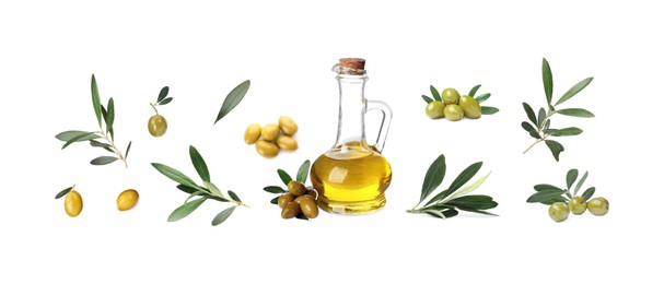 Image of Jug of oil, ripe olives and leaves on white background, collage. Banner design