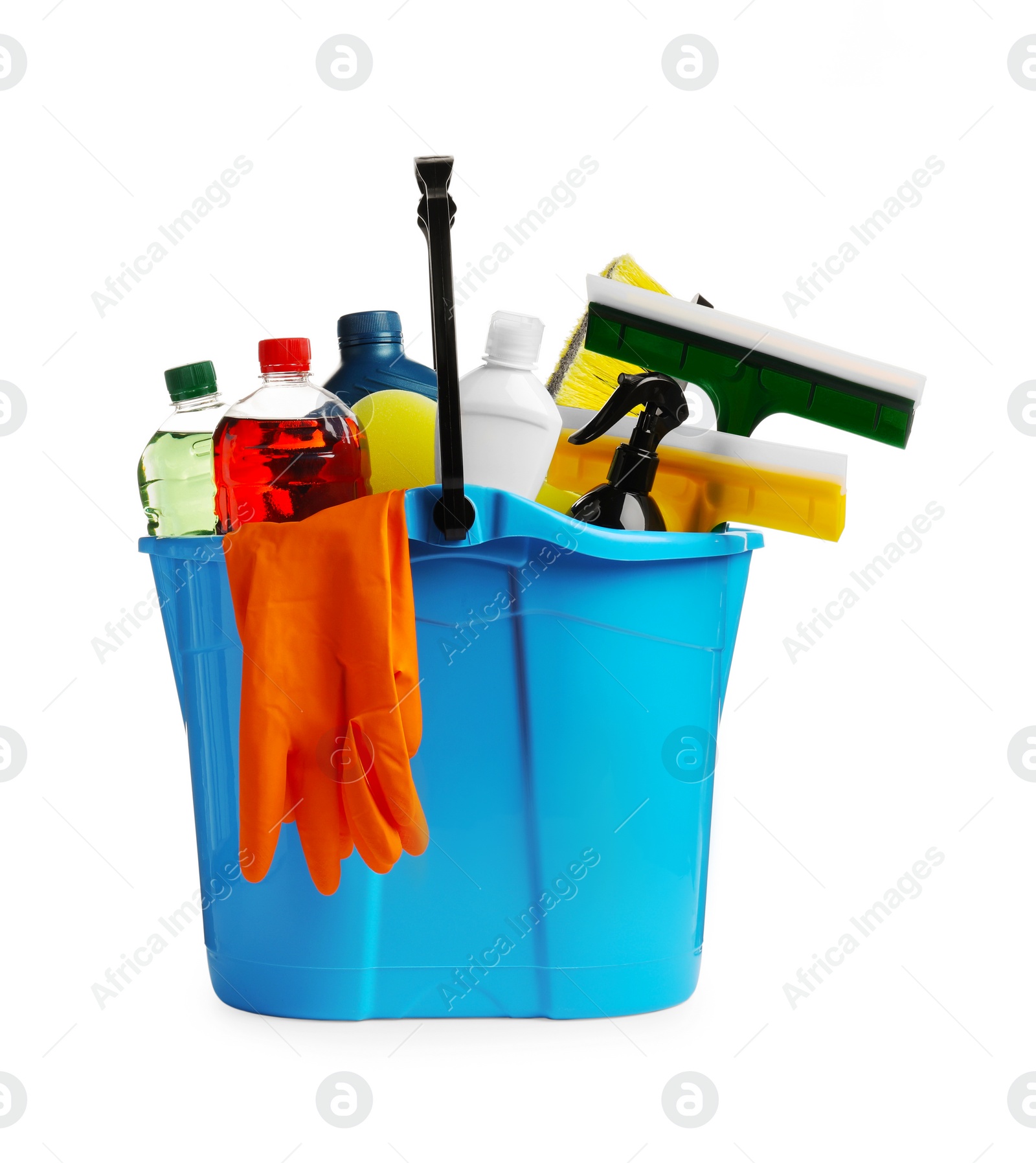 Photo of Light blue bucket and many different car wash products on white background