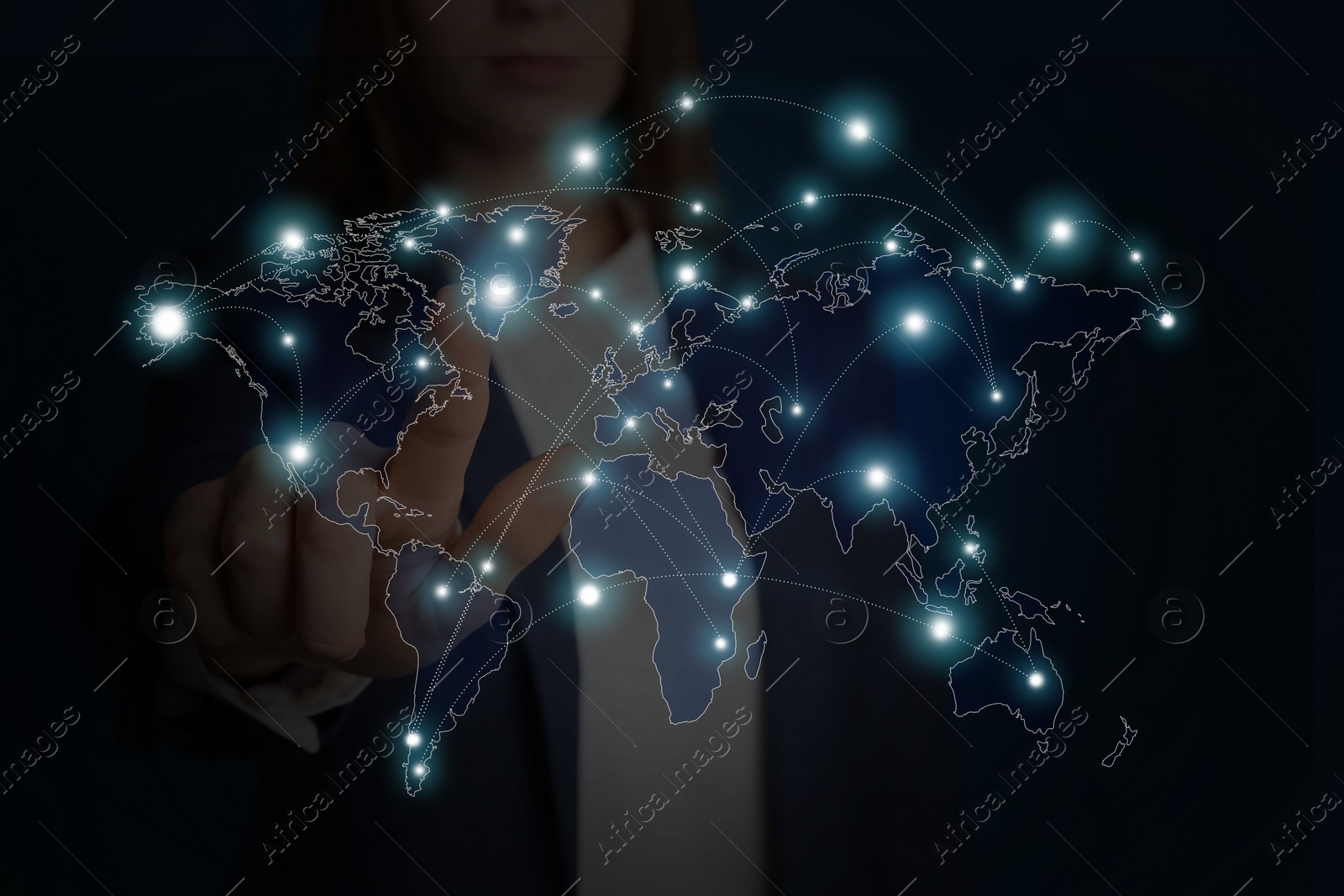 Image of Travel agency services. Woman touching world map on virtual screen