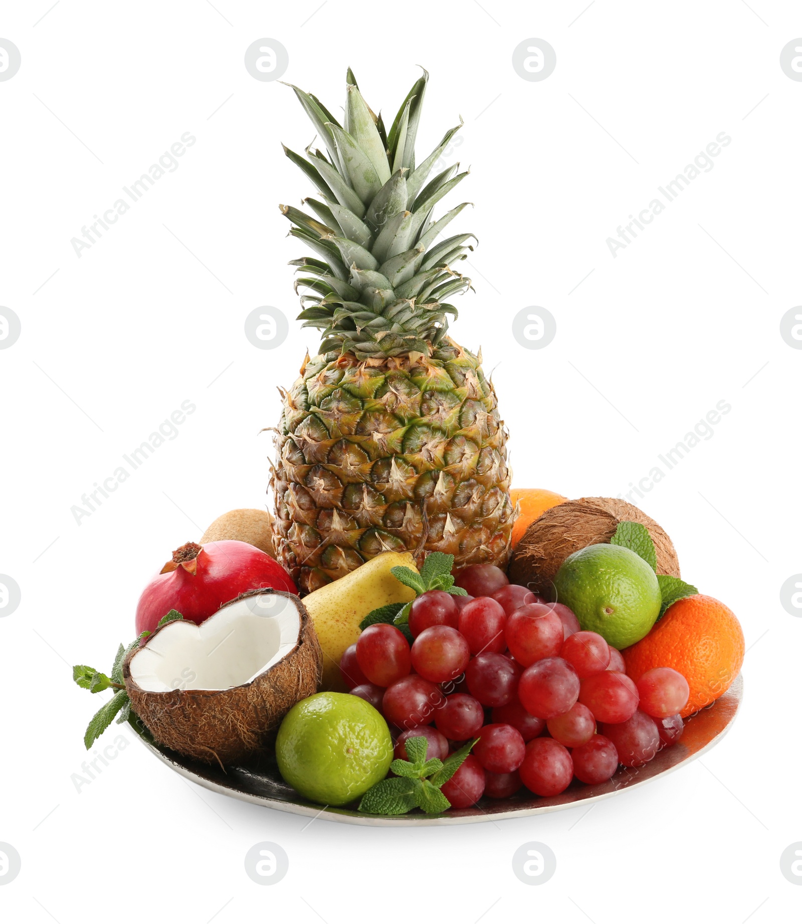 Photo of Plate with different ripe fruits on white background