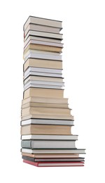 Photo of High stack of many different books isolated on white