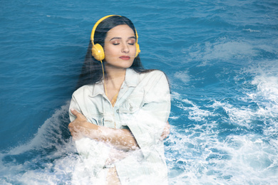 Image of Double exposure of beautiful sea water surface and woman in headphones listening to music