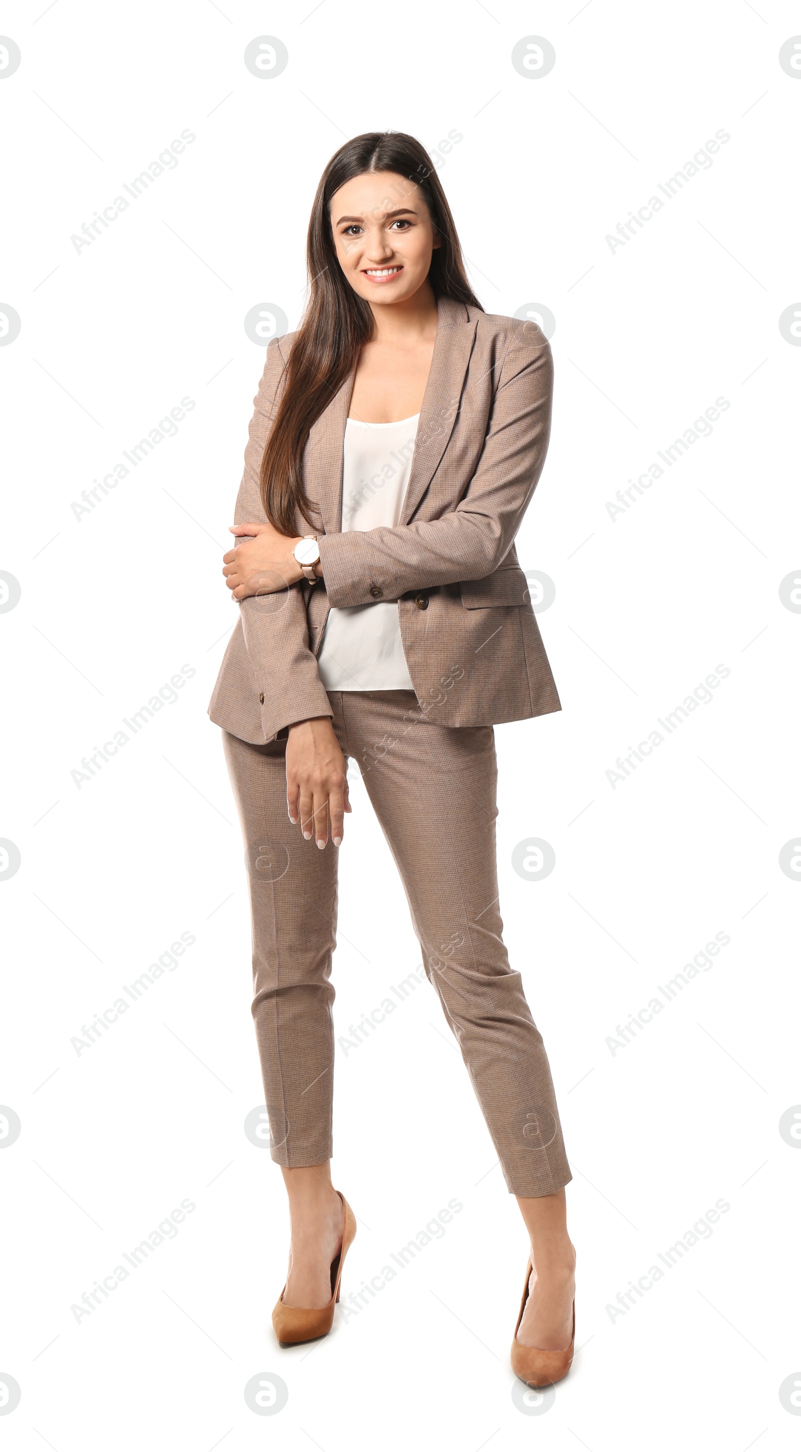 Photo of Full length portrait of businesswoman posing on white background