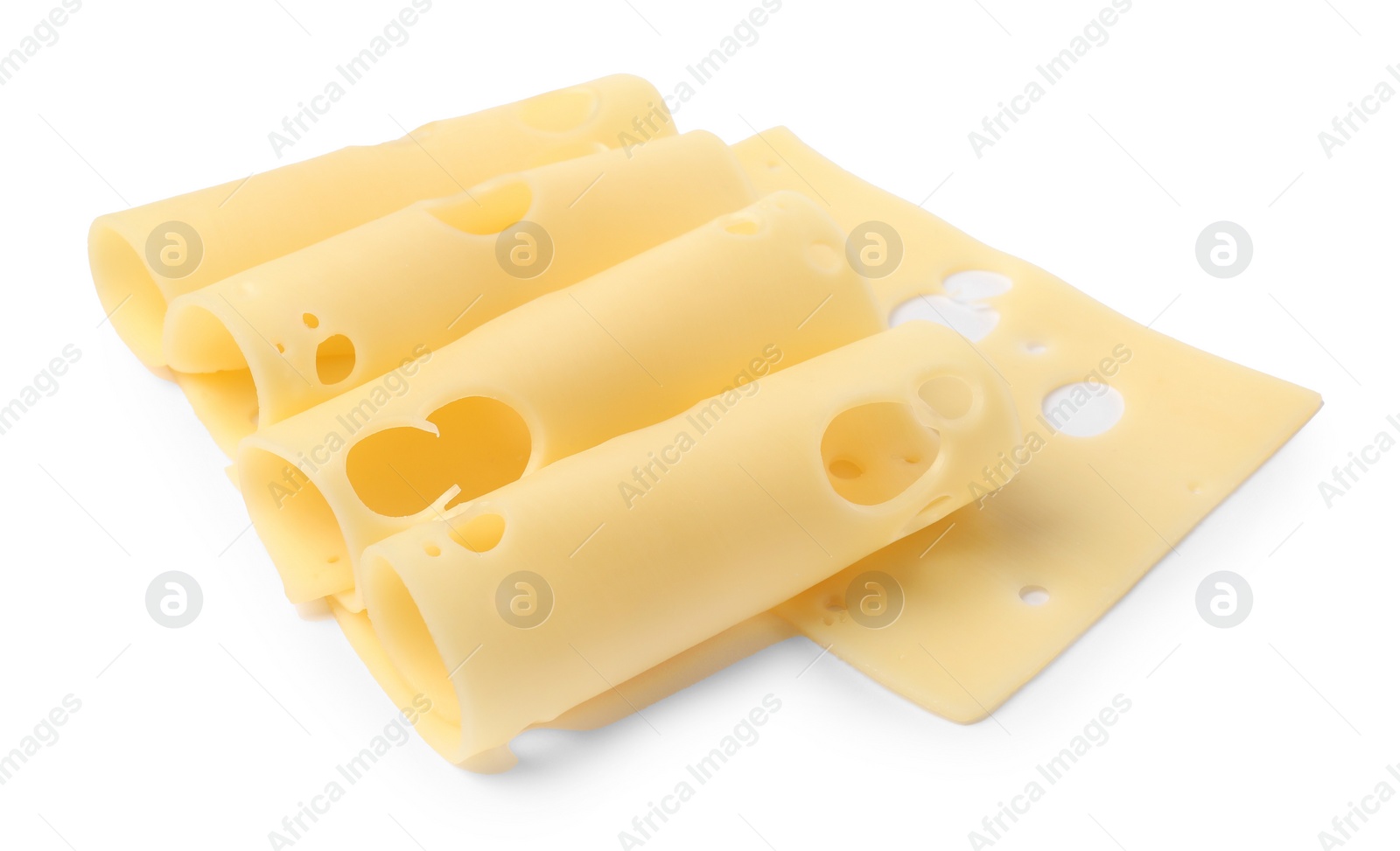 Photo of Slices of tasty fresh cheese isolated on white