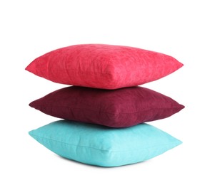 Photo of Stack of colorful decorative pillows on white background