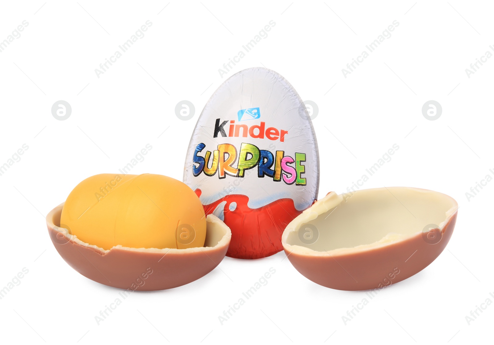 Photo of Slynchev Bryag, Bulgaria - May 23, 2023: Kinder Surprise Eggs and plastic capsule with toy on white background