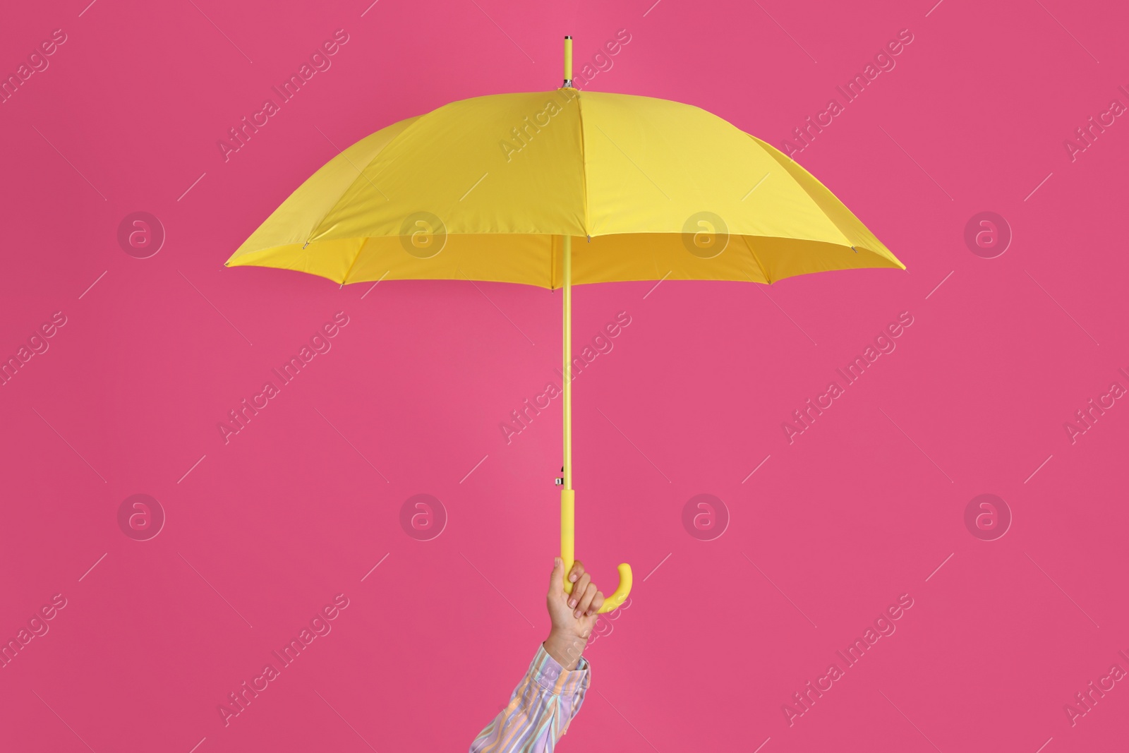 Photo of Woman with open yellow umbrella on pink background, closeup